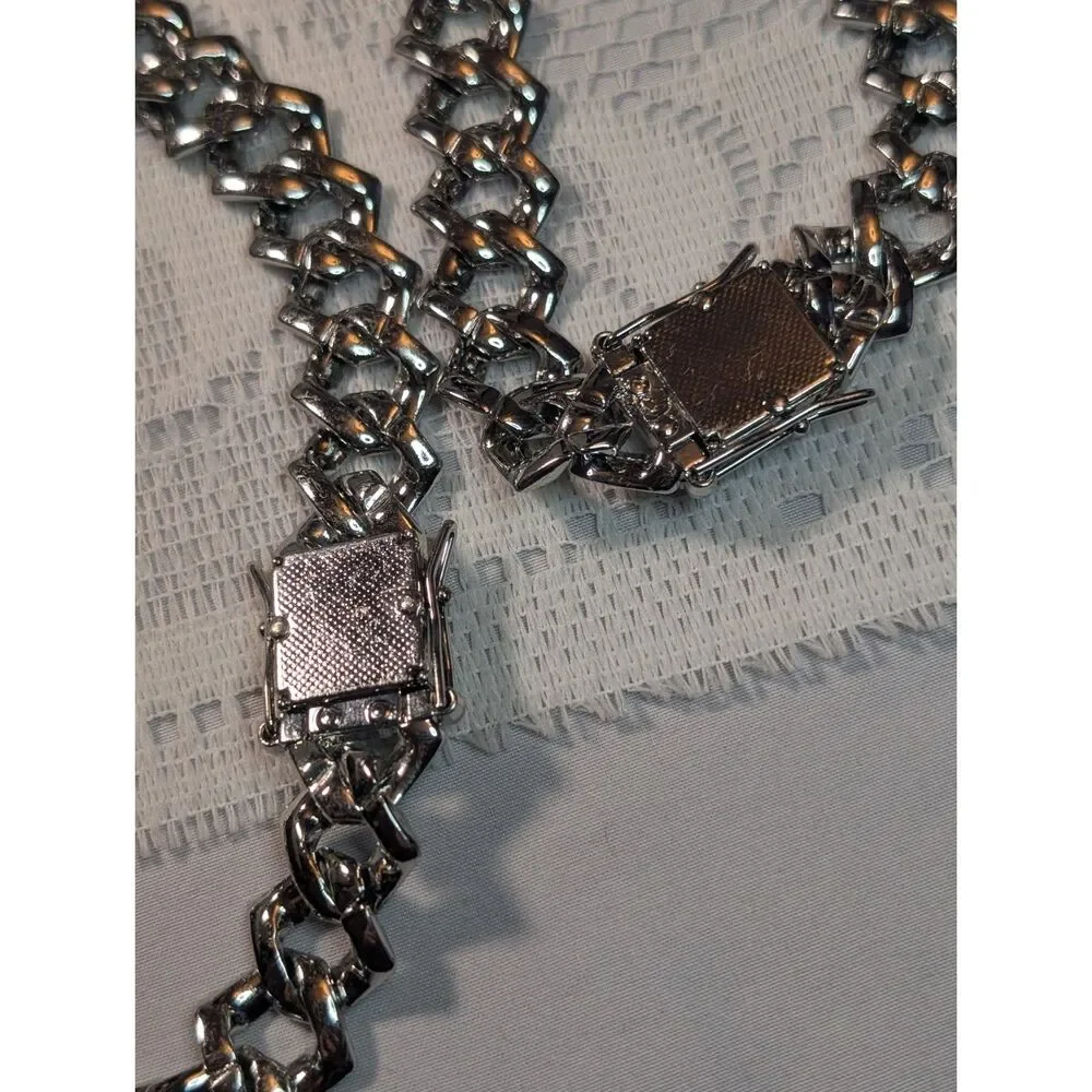 Iced Out Silver Cuban Link Chain Necklace & Bracelet Set Bling